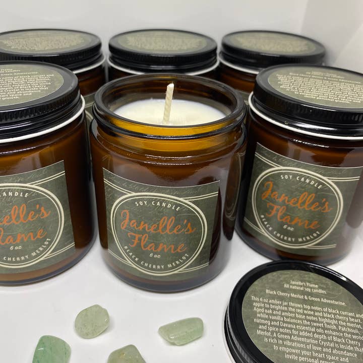 Soy Candle in Black Cherry Merlot & Green Adventurine for wholesale by Janelle’s Flame