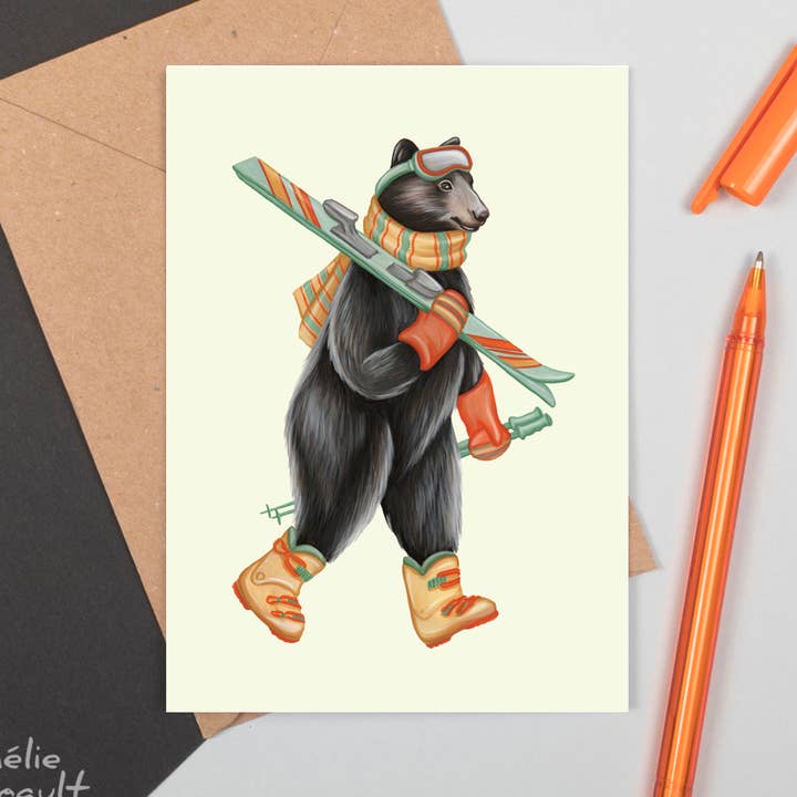 Bear Skiing Greeting Card for wholesale by Sardines Studio