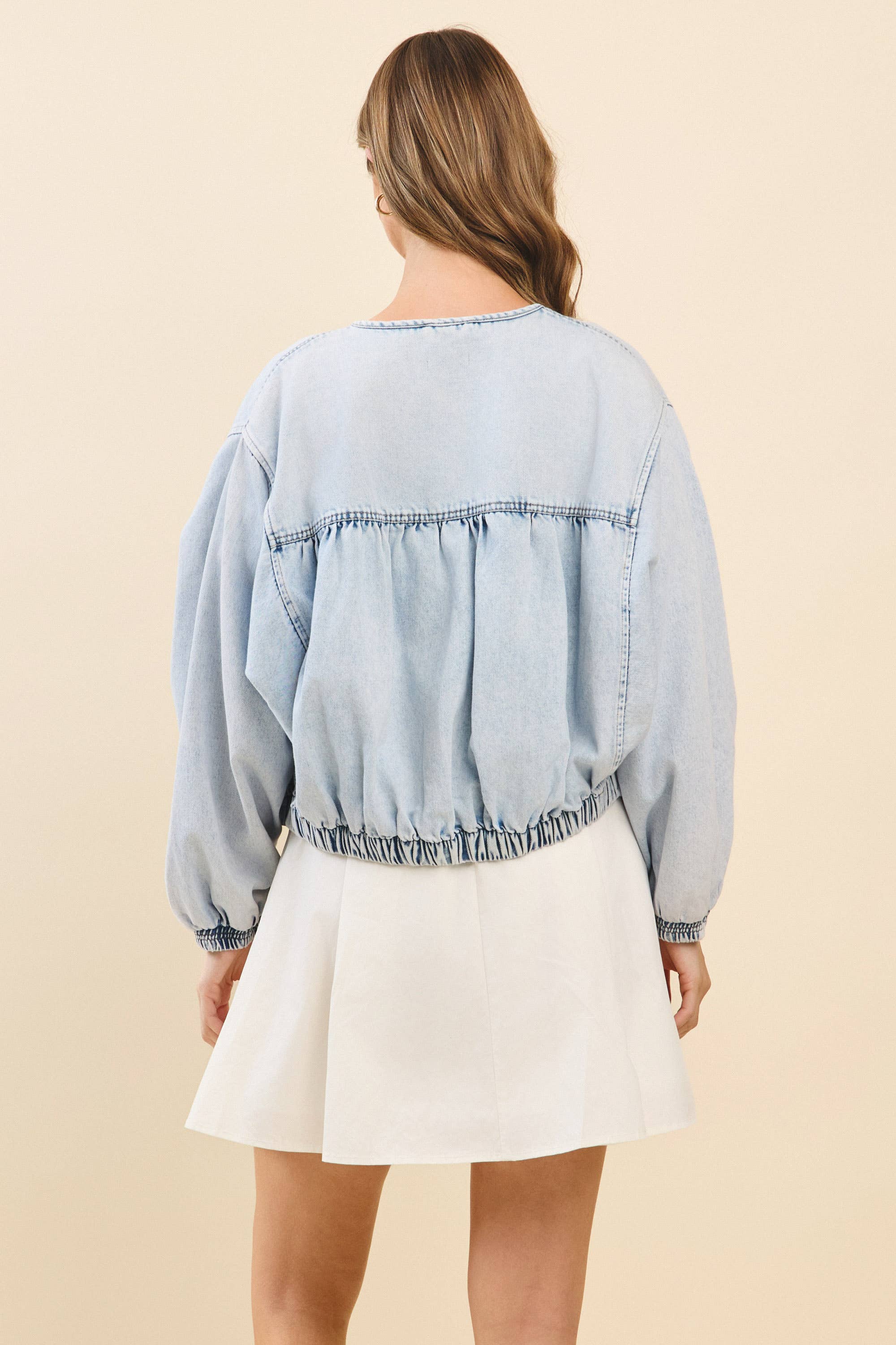 CJ6651-Relaxed Fit Gathered Smoking Detail Denim Jacket for wholesale on Faire2