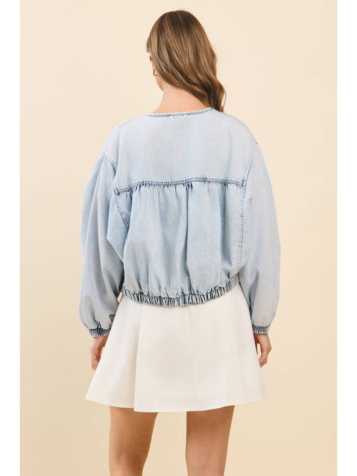 CJ6651-Relaxed Fit Gathered Smoking Detail Denim Jacket for wholesale on Faire2