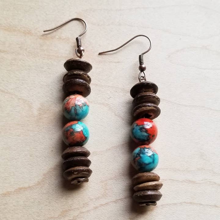 Multi-Colored Turquoise and Wood Earrings (223D) for wholesale by The Jewelry Junkie