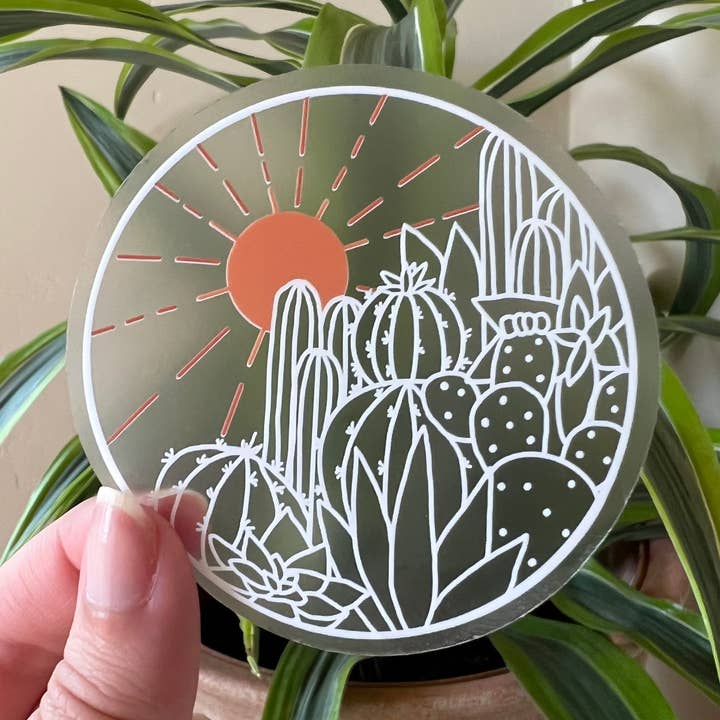 Clear Cactus & Sun Sticker for wholesale by Desert Light Co.