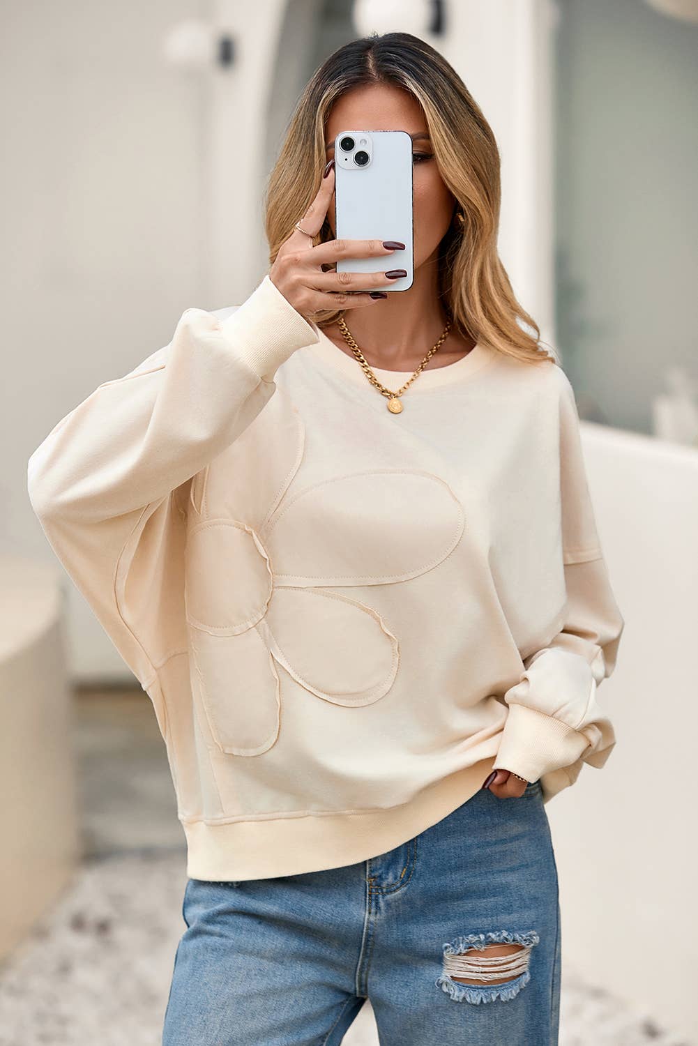 Little Daisy Closet - Wholesale Blouse - Women's -  LDC Raw Edge Flower Patch Drop Shoulder Long Sleeve Top4