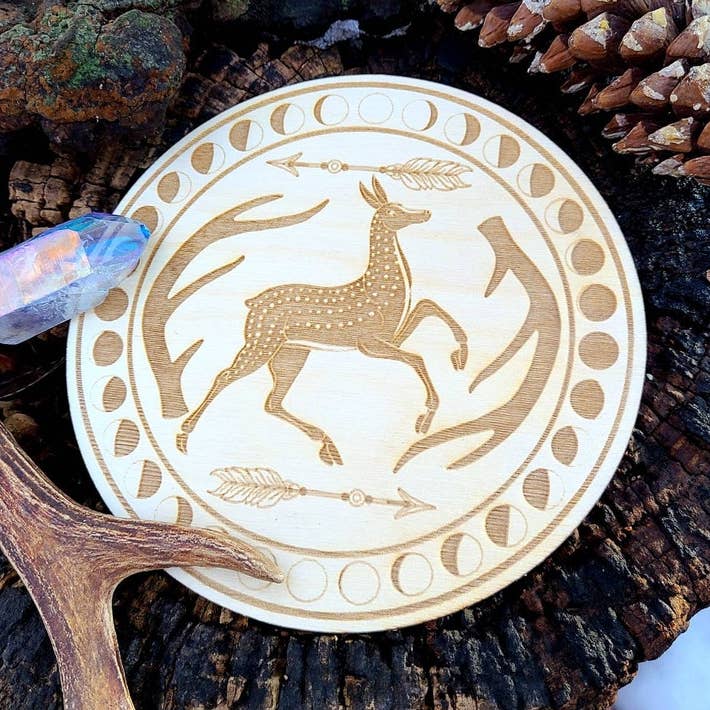Artemis Deer Crystal Grid Laser Engraved Wood Altar Plate for wholesale by Prism Moon Designs