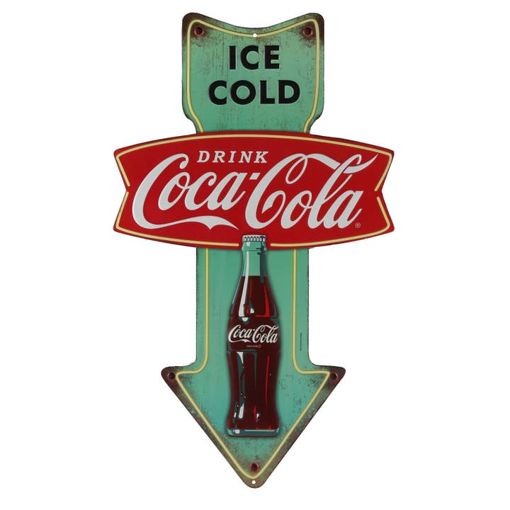 Coca-Cola Ice Cold Arrow Embossed Metal Sign for wholesale by Open Road Brands, LLC
