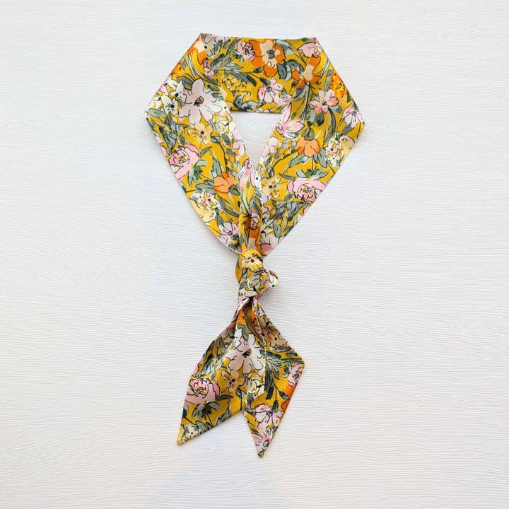 Silk Satin Skinny Scarf: Mustard Yellow Floral for wholesale by Poems And Polka Dots