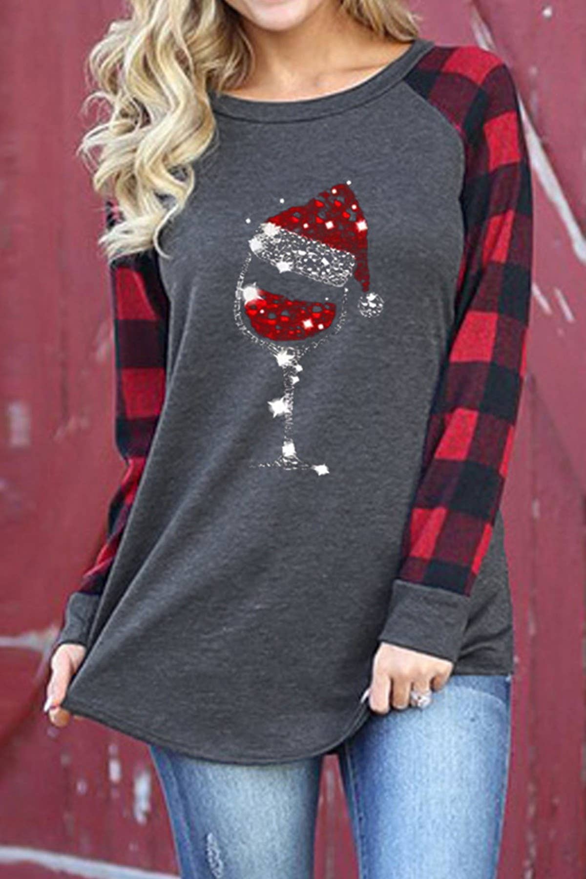 Suzie Q USA - Vente T-shirt sérigraphié – femme - T-shirt à manches longues en verre à vin rouge pour femme1