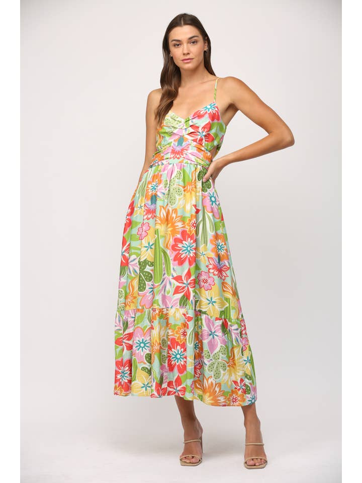 RED SAGE MULTI DESERT PRINT RAYON RUCHED DETAIL CUT-OUT MIDI DRESS FD35143 for wholesale on Faire