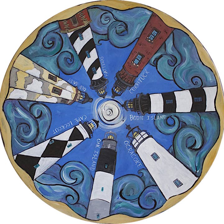 North Carolina Lighthouses Lazy Susan on Canvas and Wood for wholesale by The Art of Kristen Feighery