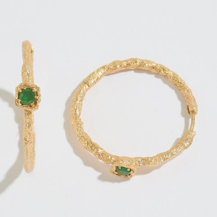 Chalcedony Lichen Branch Gold Large Hoops for wholesale by Claire Hill Designs