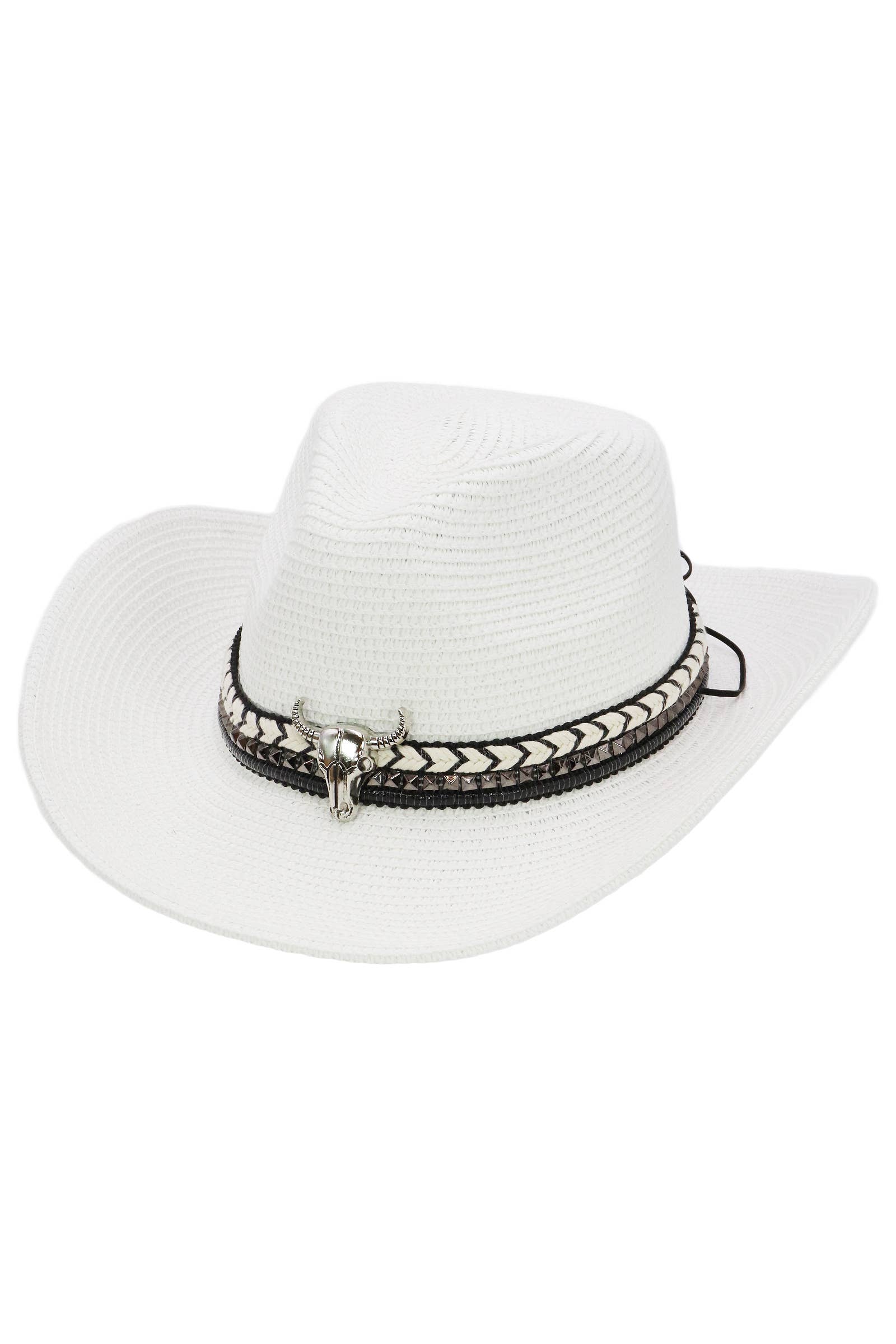 Cap Zone - Wholesale Cowboy Hat - Women's - Buffalo Skull Studs Braided Belt Straw Cowboy Hat13