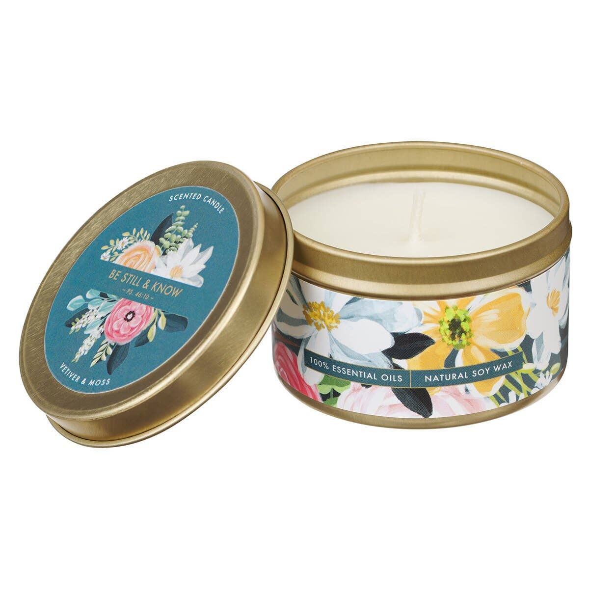 Christian Art Gifts - Wholesale Novelty Candle - Tin Candle Floral Teal Be Still Ps. 46:101