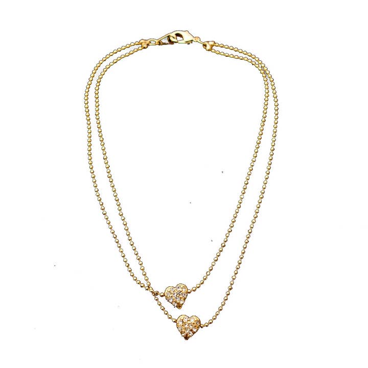 Guld dubbelhjärta strass 2-radig rem fotlänk för wholesale av Cool Crystals