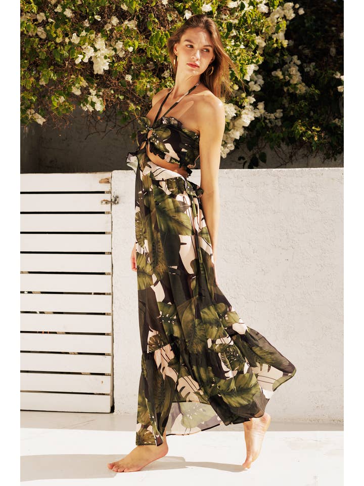 Black Leaf Tropical Palm Halter Maxi Dress for wholesale on Faire7