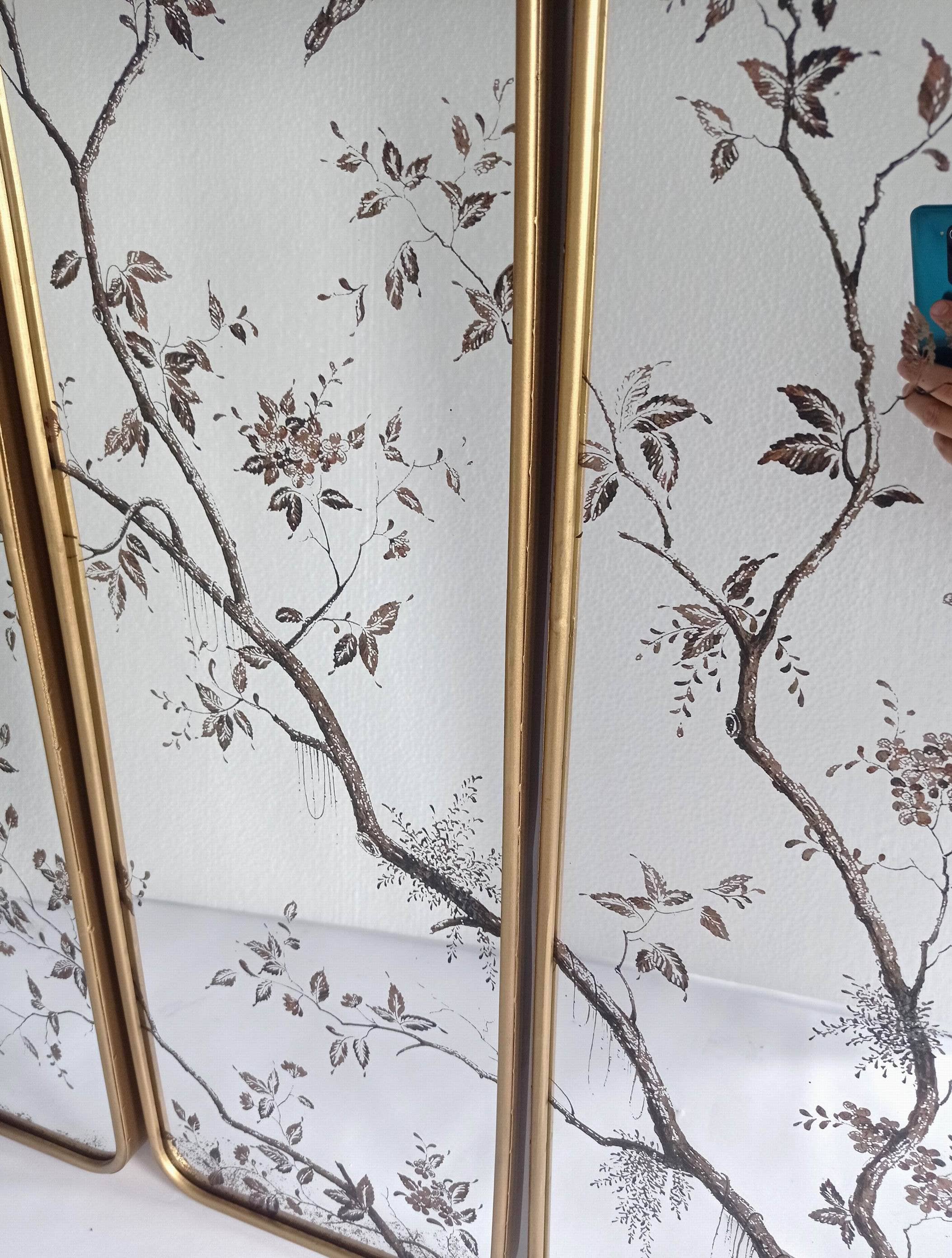 Originals International Ltd - Wholesale Wall Mirror - Antiqued Botanical Mirror Trio – Bird & Blossom Panel Set3