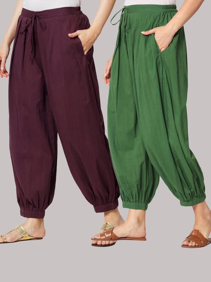 Par de salwar 100% algodón - Pasión Ciruela y Primavera Verdeante para venta al por mayor de Thevasa