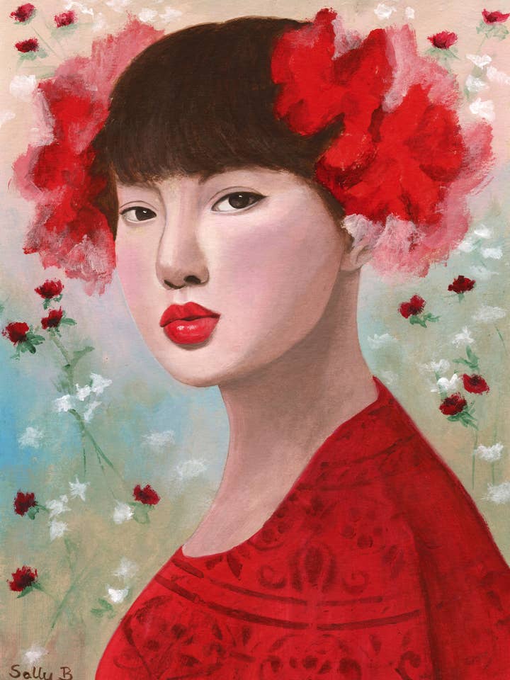 Kinesisk kvinna porträtt konsttryck med röda blommor för wholesale av Sally B