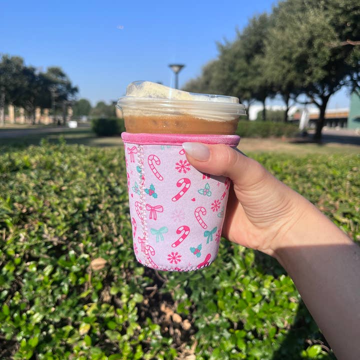 Illie Millie Designs - Wholesale Drink Huggers & Koozies - Pink Christmas Iced Coffee Sleeve- 16oz Drink Koozie 1
