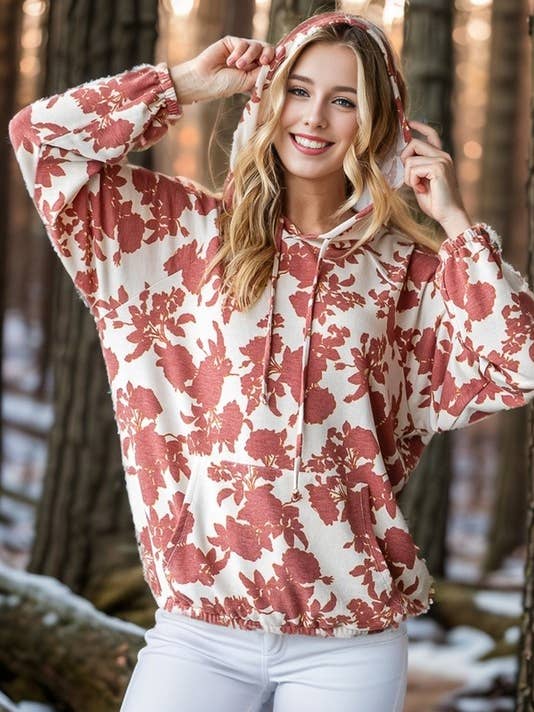 ET7365-11 LONG PUFF SLEEVE DRAWSTRING HOOD FLORAL PRINT HOOD for wholesale by HEIMISH