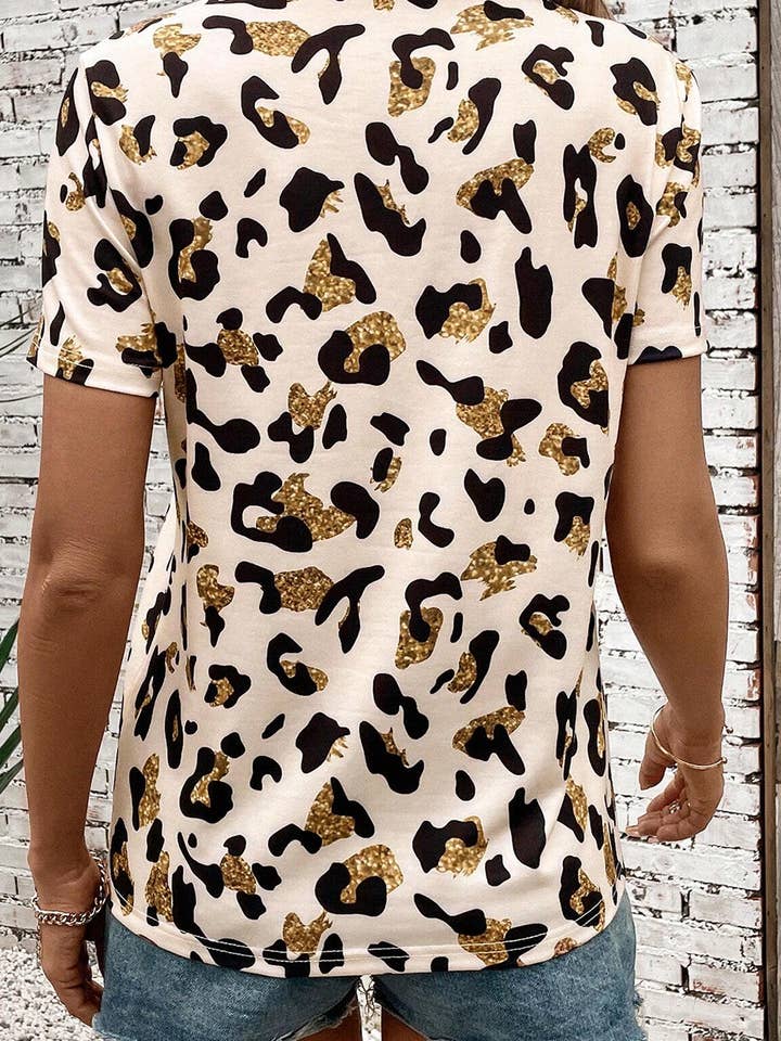 Apricot Leopard Print Round Neck Casual T Shirt for wholesale on Faire