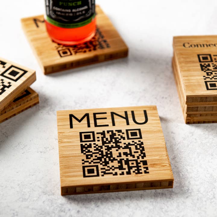 Left Coast Original – Base de copos por atacado – PORTA-COPOS DE BAMBU COM CÓDIGO QR - Conjunto de 44