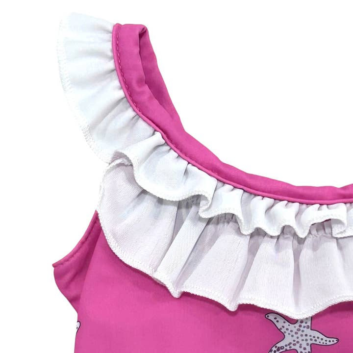 Sugar Bee Clothing - Wholesale One Piece Swimsuit - Kids - Girls Swimsuit - Bow Back - Pink Starfish
