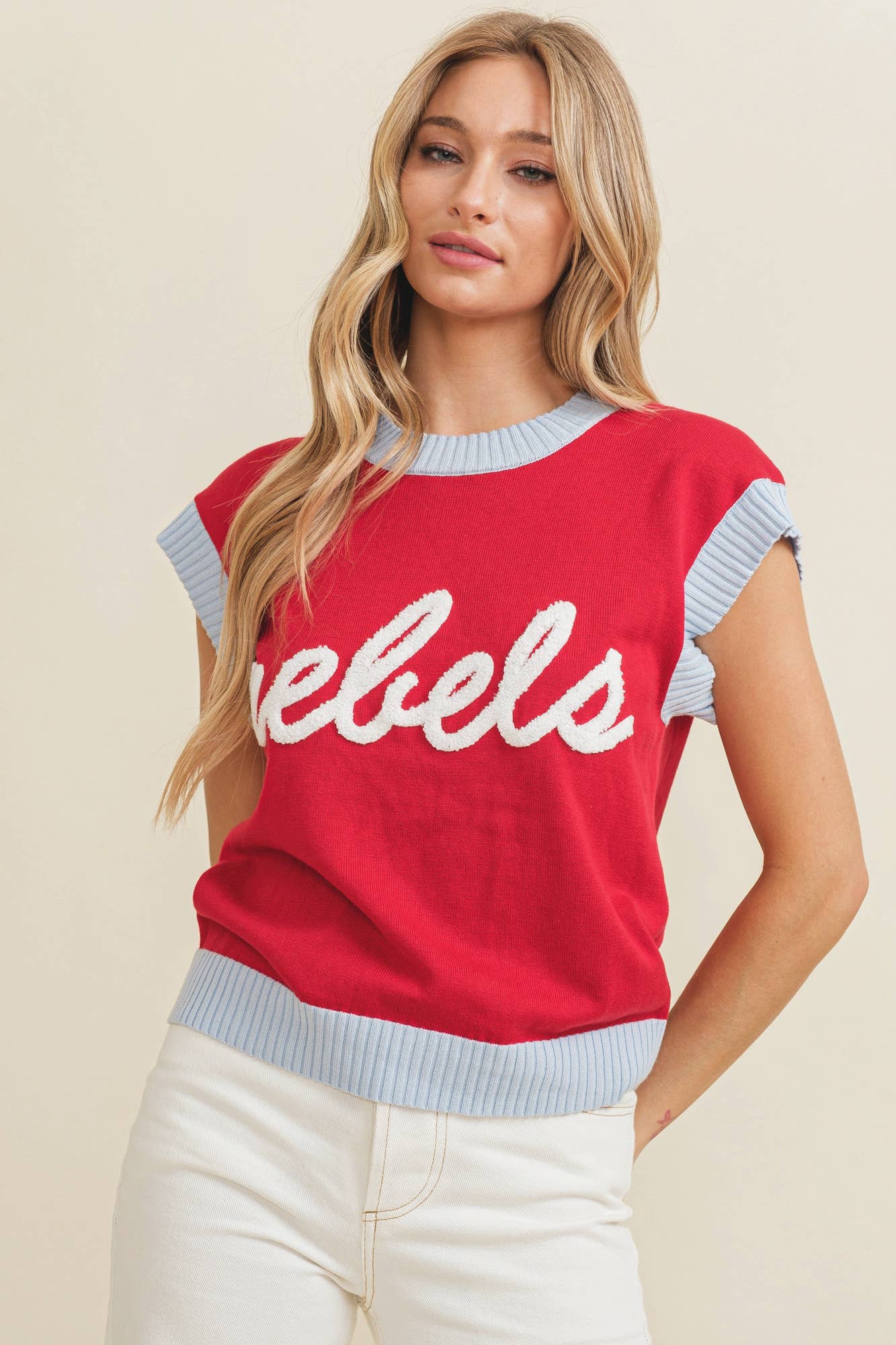 Rosso CSW10403Y - Maglione in maglia da donna Rebels Game Day in vendita all'ingrosso su Faire1