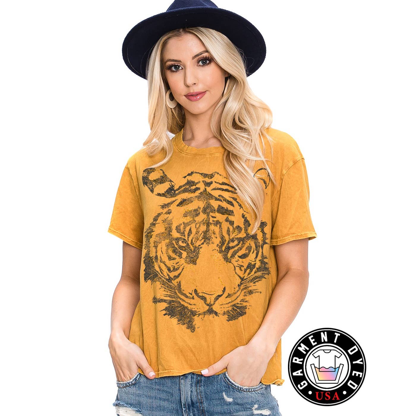 HRTandLUV - Venta al por mayor Camiseta serigrafiada - Mujer - TOP GRÁFICO MINERAL CON CARA DE TIGRE DORADA FOIL1