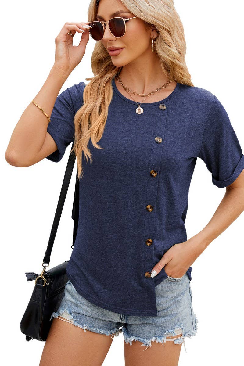 Lily Clothing - Wholesale T-Shirt - Women's - ROUND COLLAR BUTTON IRREGULAR HEM T SHIRT_CWTSTS01474