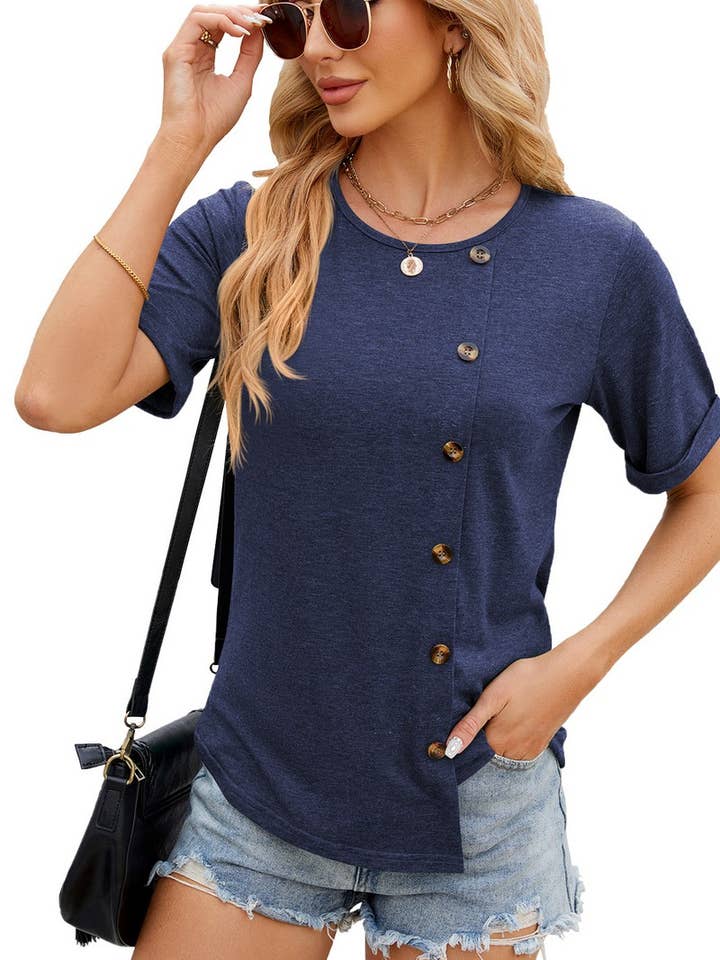 Lily Clothing - Wholesale T-Shirt - Women's - ROUND COLLAR BUTTON IRREGULAR HEM T SHIRT_CWTSTS01474
