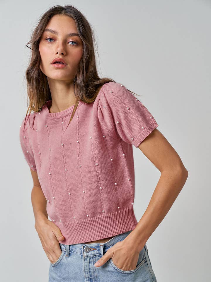 Lalavon - Wholesale Knit Top - Women's - ILT3051Â SWEATER SHORT SLEEVE TOP WITH PEARL DETAIL