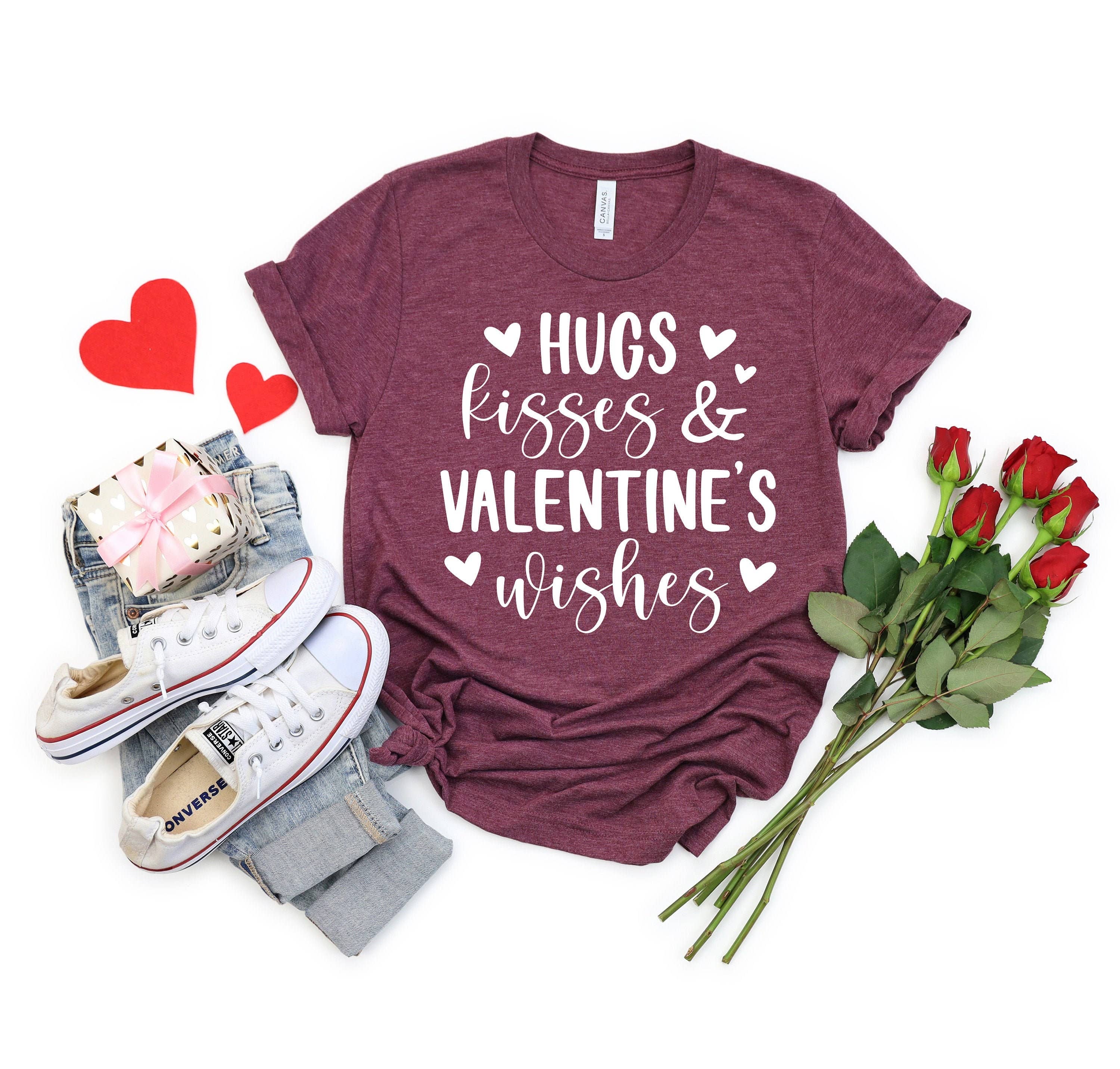 PrimestoreUS - Wholesale Screen Printed T-Shirt - Women's - Valentine's Day Shirt - Women's Valentine's Tee -Valentines Tees - Valentine's Shirts -Hugs Kisses and Valentines Wishes T-Shirt