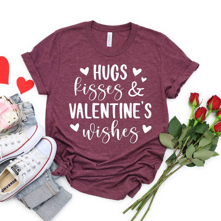 PrimestoreUS - Wholesale Screen Printed T-Shirt - Women's - Valentine's Day Shirt - Women's Valentine's Tee -Valentines Tees - Valentine's Shirts -Hugs Kisses and Valentines Wishes T-Shirt0