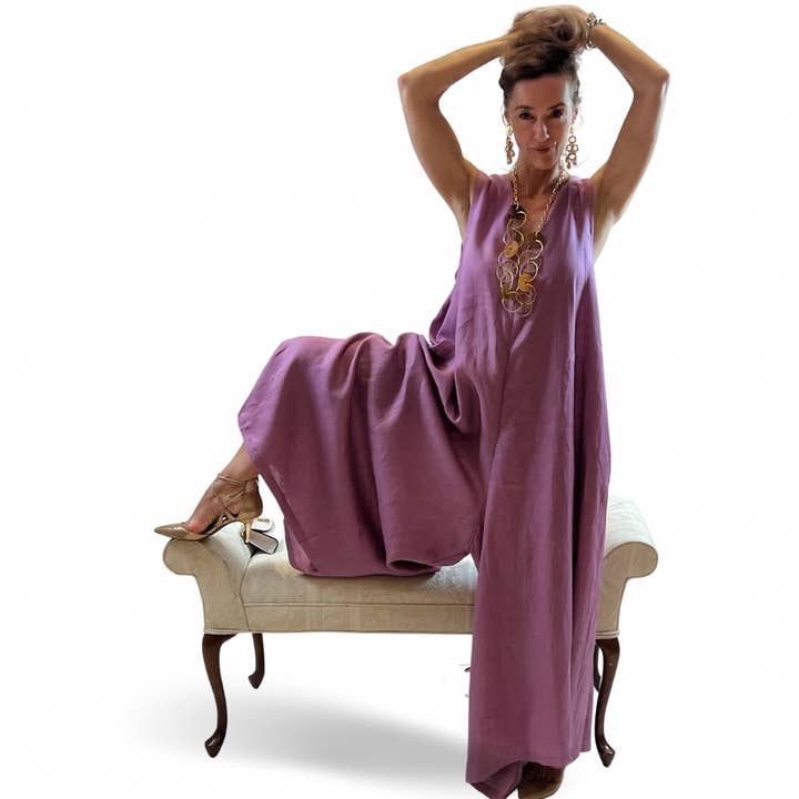 Dawn Bacchus - Wholesale Jumpsuit - Women's - Linen Maxi Romper, Sleeveless, Zip Back Closure