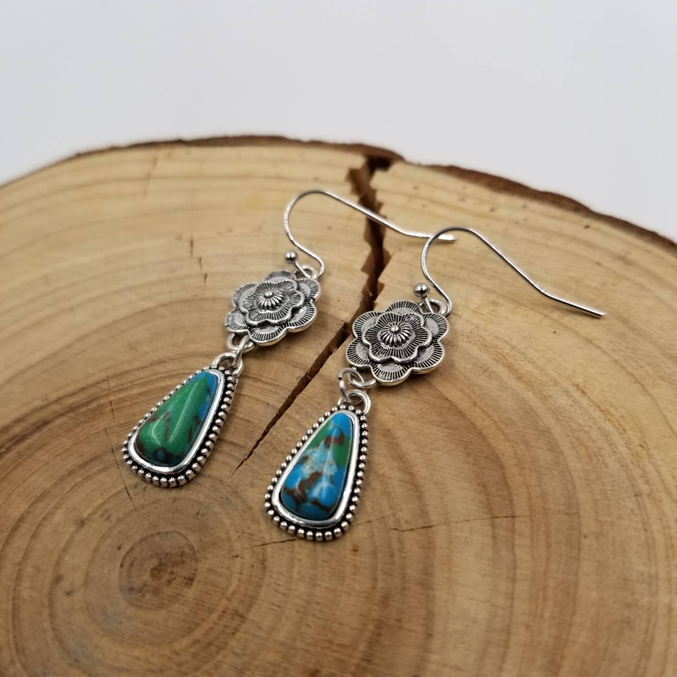 CHAKRA JEWELRY - Vente Boucles d'oreilles pendantes - Boucles d'oreilles vintage en argent avec fleurs et turquoise2