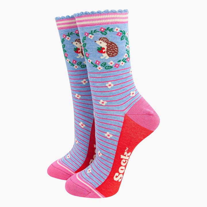 Sock Talk - Wholesale Socks - Women's - Women's Bamboo Socks - Blue, Hedgehog Wreath and Strawberry