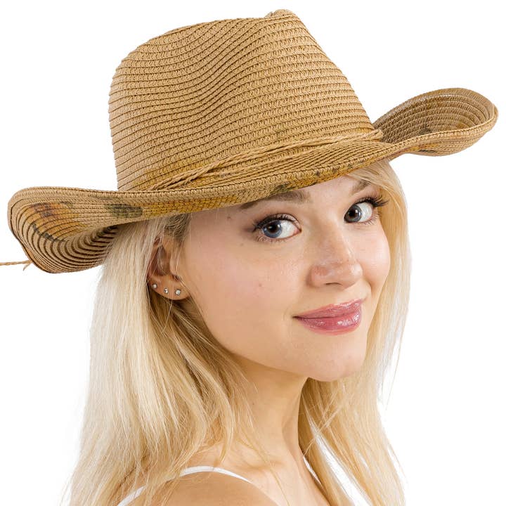 Tan Sunflower Print Wired Taco Brim Paper Straw Cowboy Hat for wholesale on Faire