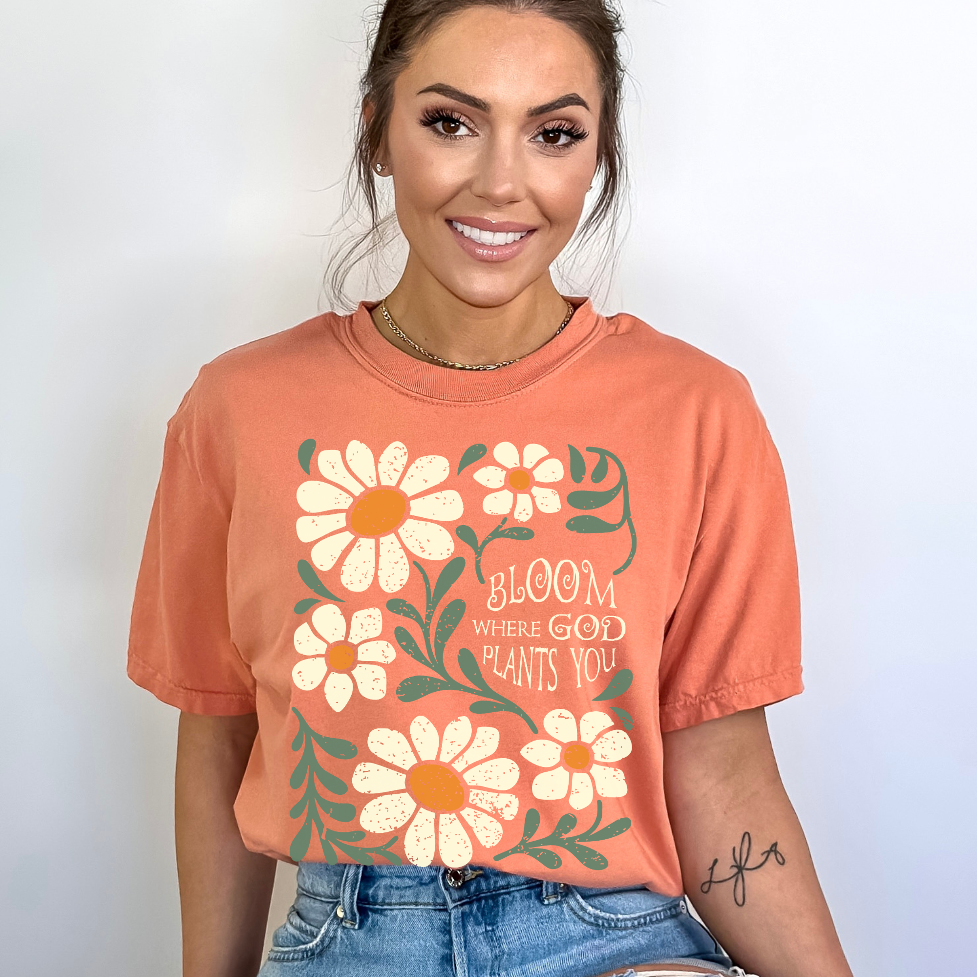 Scripted Pearl - Wholesale Screen Printed T-Shirt - Women's - Bloom Where God Plants You Comfort Colors Christian T Shirt1