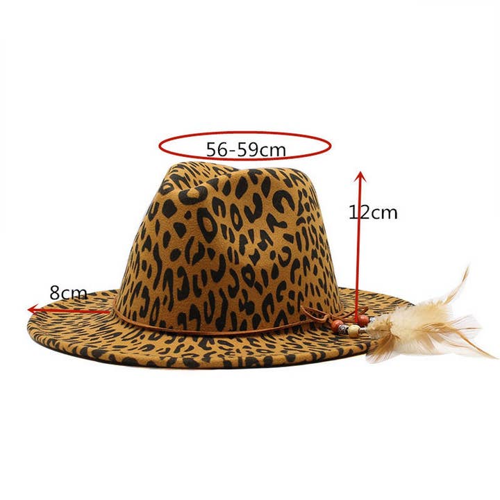DOUBLJU - Wholesale Fedora - Unisex - LEOPARD PRINT FLAT BRIM WIDE BRIM FEATHER JAZZ HAT_CWAH27335