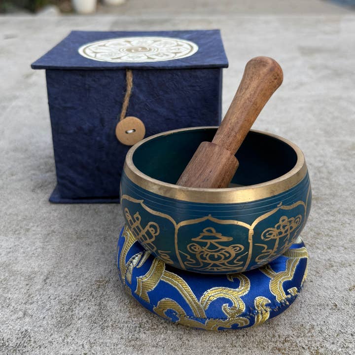 Lungta Imports - Wholesale Meditation Supplies - Tibetan Complete Singing Bowl Gift Box Set 8 Lucky Symbols 1