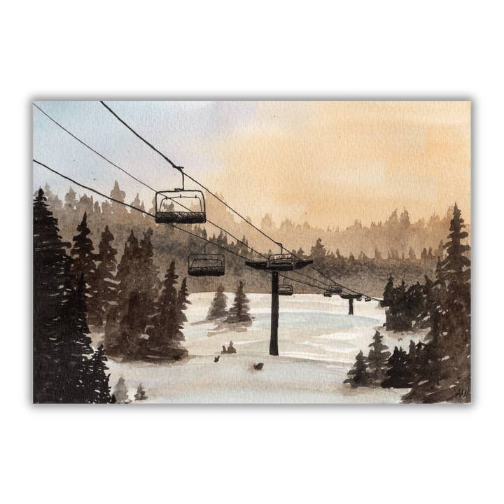 Skifahren bei Sonnenuntergang - Kunstdruck in Feder und Aquarell für den Großhandel von Alyssa Whetstone Art