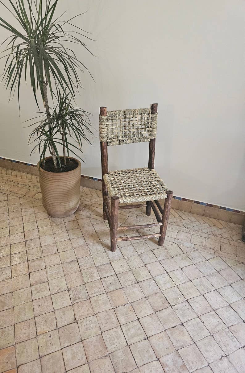 HandmadeBestSeller - Wholesale Chair - Handcrafted Moroccan Wooden Chair with Woven Palm Leaf Seat0