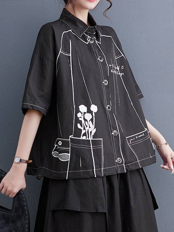 Sheer Trend – Camisa com botões no colarinho – Mulher por atacado – Blusas de lapela com junta dividida com estampa em cores contrastantes com mangas curtas e soltas2