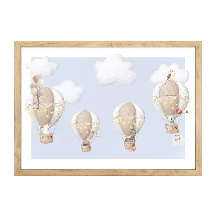 Hot Air Balloon Australian Animals Art Print | Sky Blue for wholesale by Arty Bub