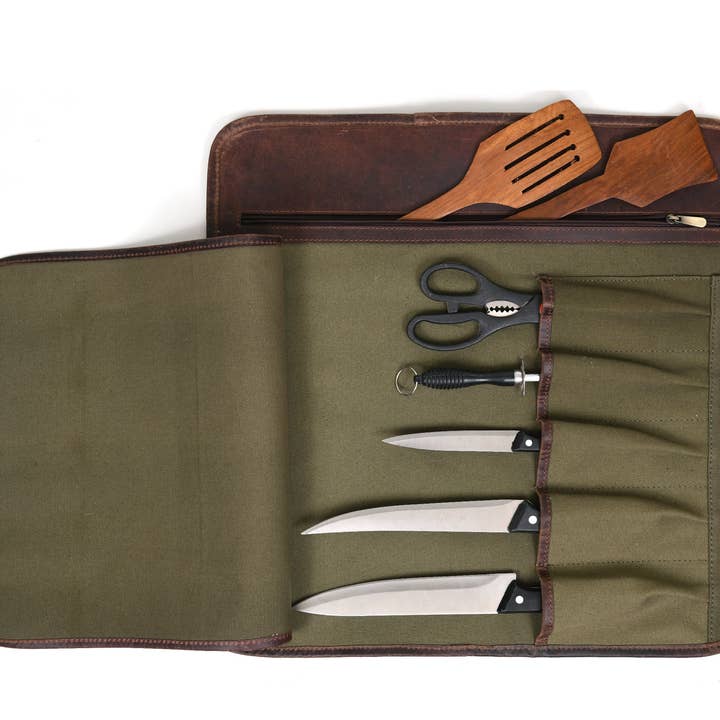 TLG Canada - Vendita all'ingrosso Portacoltelli - Coltello da cuoco in pelle Iris Roll verde oliva a 5 slot (KR-64)2