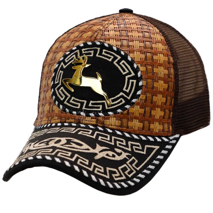 Cap Zone - Wholesale Trucker Hat - Unisex - Deer Gold Emblem Traditional Charra Woven Straw Trucker Hat