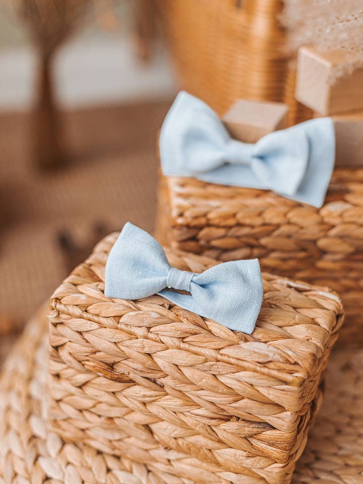 Blue Matching Clip-on Linen Bow Ties, Party Outfit Necklace Accessory With Straps, Organic Adjustable Pre-tied Big & Small Necktie for Shirt for wholesale by Matrinna