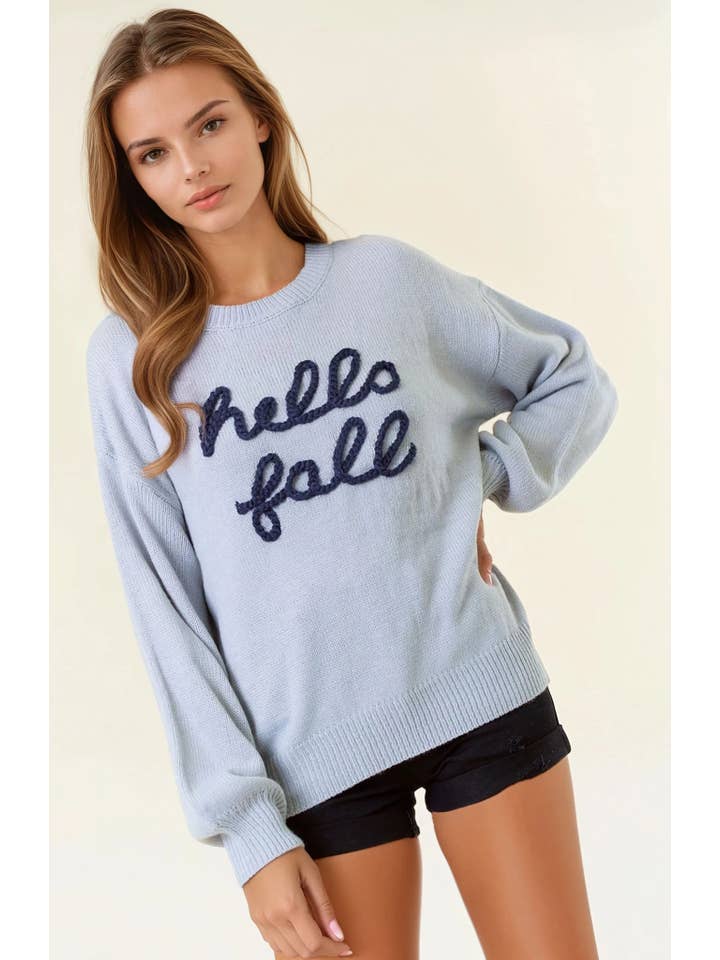Doe and Rae - Wholesale Knit Sweater - Women's - HELLO FALL Letter Embroidered Oversize Sweater - 43995T-25