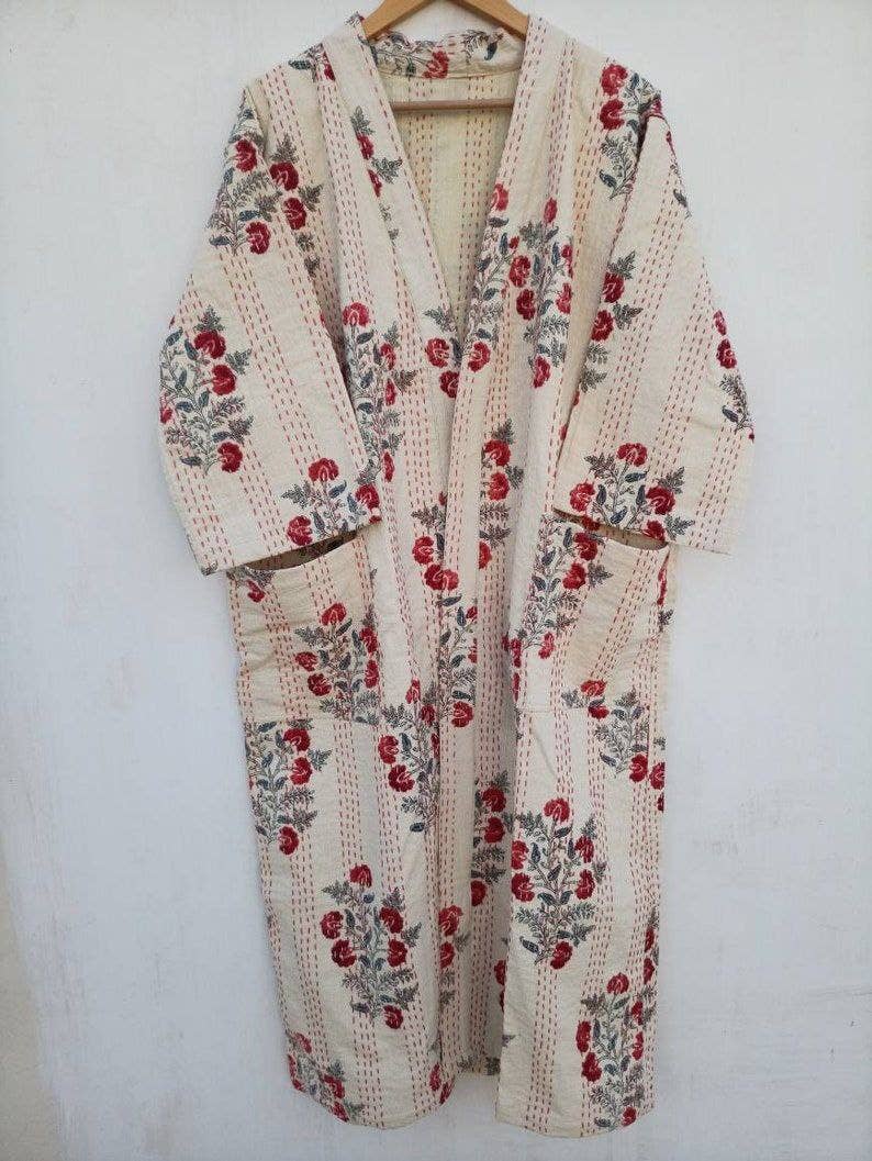 bhavnas boutique – Großhandel Bademantel – Damen – Indische handgefertigte Robe mit Kantha-Stitch aus 100% Baumwolle mit Moguldruck1