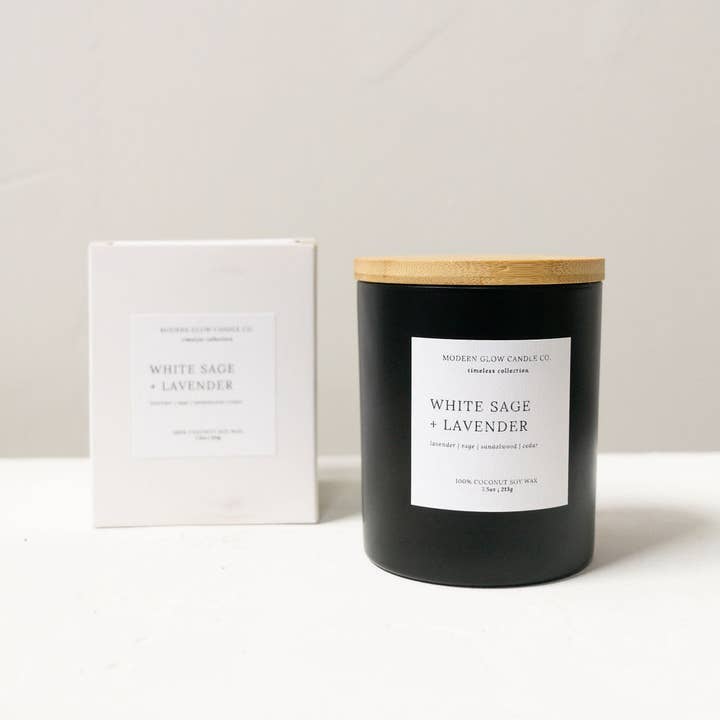 Modern Glow Candle Co. - Wholesale Jar/Filled Candle - White Sage + Lavender - 7oz Matte Black Soy Candle1